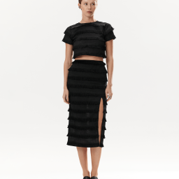 Mirimalist black Fringe crop top and pencil skirt