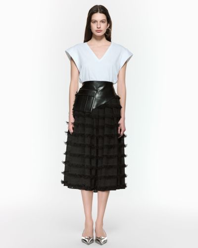 Fringe Midi Skirt Leather Belt